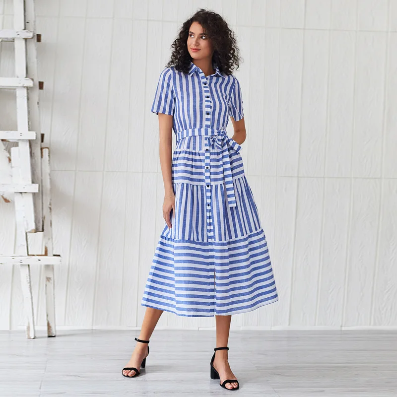 New Fashion Short Sleeve Summer Shirt Dress Women Cotton Casual Stripe Print Blue Maxi Dresses Work Office Lady Party Vestidos
New Fashion Short Sleeve Summer Shirt Dress Women Cotton Casual Stripe Print Blue Maxi Dresses Work Office Lady Party Vestidos