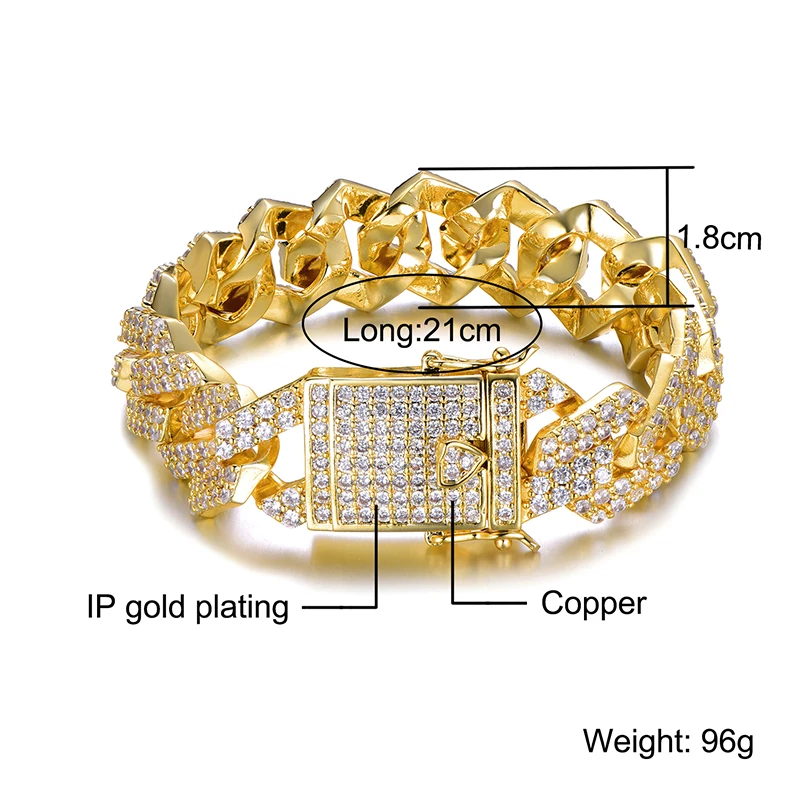 D&Z 18mm Iced Out Bling Zircon Miami Curb Cuban Link Chain Bracelet For Men Hip Hop Jewelry High Quality | Украшения и