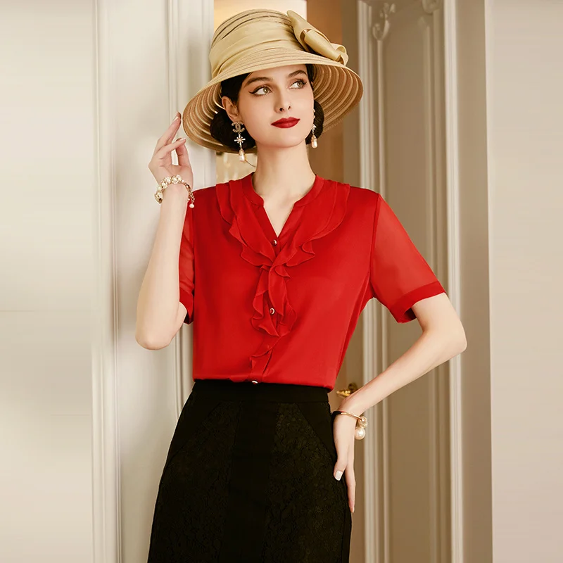 SHZQ Red Silk Shirt Women's Summer 2021 New V-neck Top Short Sleeve Fashion Mulberry Silk Shirt 
SHZQ Red Silk Shirt Women's Summer 2021 New V-neck Top Short Sleeve Fashion Mulberry Silk Shirt