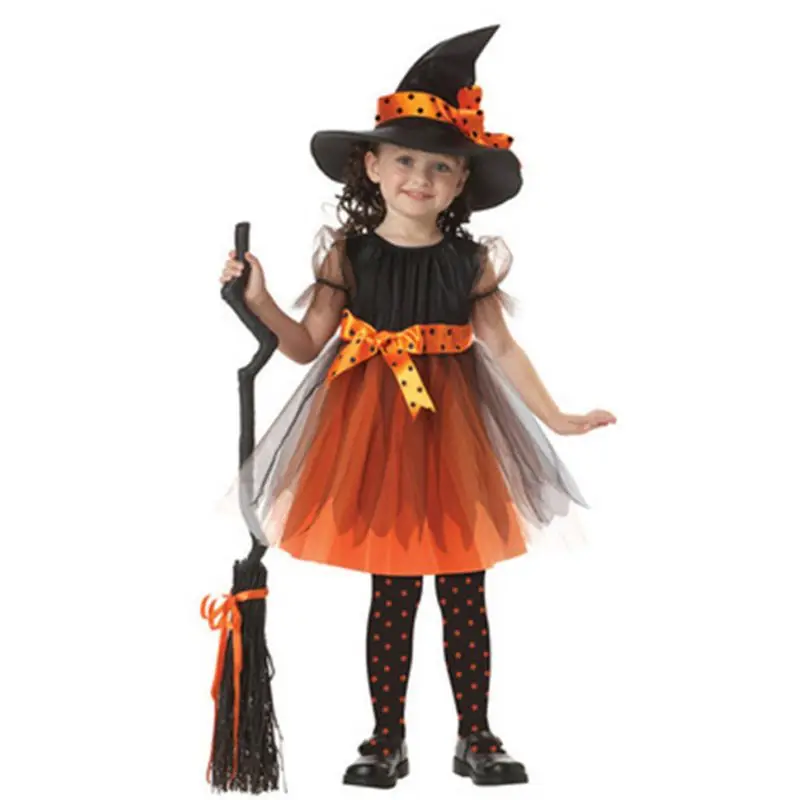 Маскарадный костюм ведьмы для девочек детское платье с коротким рукавом и лентой