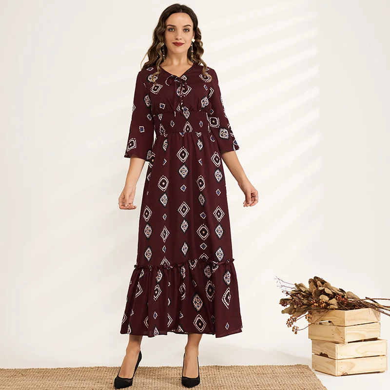 Summer New Fashion Women's Holiday Style Retro Printing V-neck Lace Trumpet Sleeve Waist Sweet Long Dress
Summer New Fashion Women's Holiday Style Retro Printing V-neck Lace Trumpet Sleeve Waist Sweet Long Dress