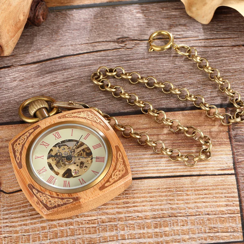 Unique Square Wooden Mechanical Pocket Watch Man Women Exquisite Carved Roman Numberal Design Steampunk Small Ring Chain Clock
Unique Square Wooden Mechanical Pocket Watch Man Women Exquisite Carved Roman Numberal Design Steampunk Small Ring Chain Clock