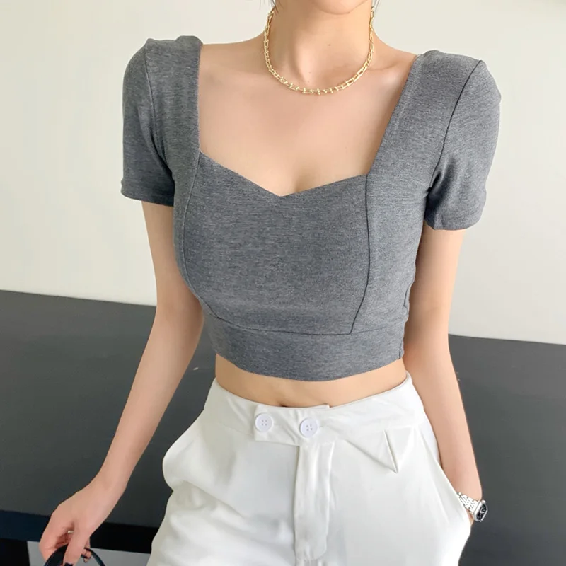 Женская футболка с высокой талией, короткая облегающая футболка с коротким рукавом и квадратным вырезом, лето 2021
Женская футболка с высокой талией, короткая облегающая футболка с коротким рукавом и квадратным вырезом, лето 2021