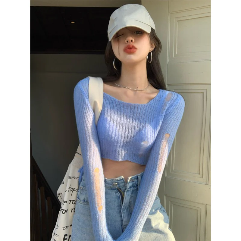 Knitted hole exposed navel short T-shirt women's 2021 summer new Korean slim design sense niche Fashion Top
Knitted hole exposed navel short T-shirt women's 2021 summer new Korean slim design sense niche Fashion Top