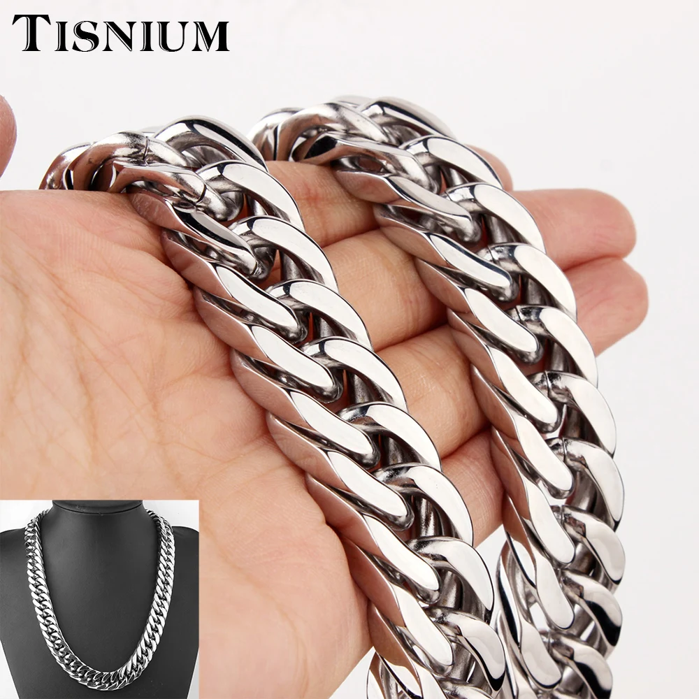 

Tisnium Silver Color Heavy Stainless Steel Men's Necklace Curb Cuba Miami Chain Collar Choker Link Gift Steampunk Jewelry 17mm