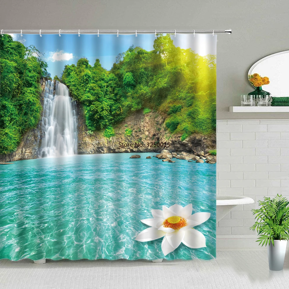 

Waterproof Shower Curtains Home Bathroom Decor Natural Scenery Waterfall Spring Landscape Background Wall Decors Cloth Curtain
