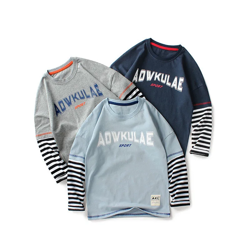

Striped Print Fake Two Pieces Long Sleeve Cotton Casual T-shirts Boy Clothes Kids Tee Shirt Junior's Boys T-shirt Children 6-12