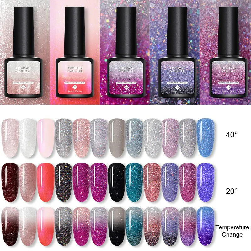 Thermal Nail Polish Gel Shiny Sequins Effect Color Change Varnishes Bling Glitter Soak Off Temperature Color Changing Gel
Thermal Nail Polish Gel Shiny Sequins Effect Color Change Varnishes Bling Glitter Soak Off Temperature Color Changing Gel