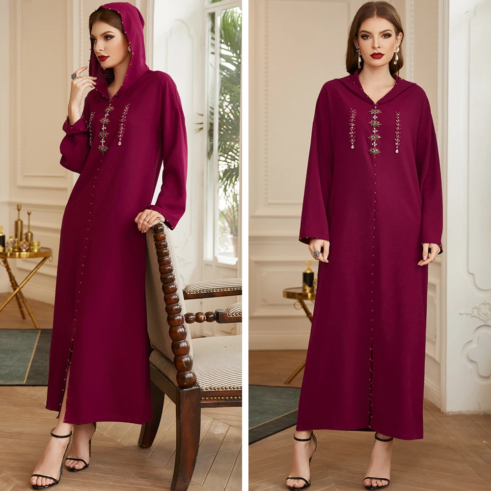 

Moroccan Dubai Muslim Abayas Women Diamonds Long Dress Hooded Arab Ethnic Maxi Robe Middle East Ramadan Turkish Luxury Party New