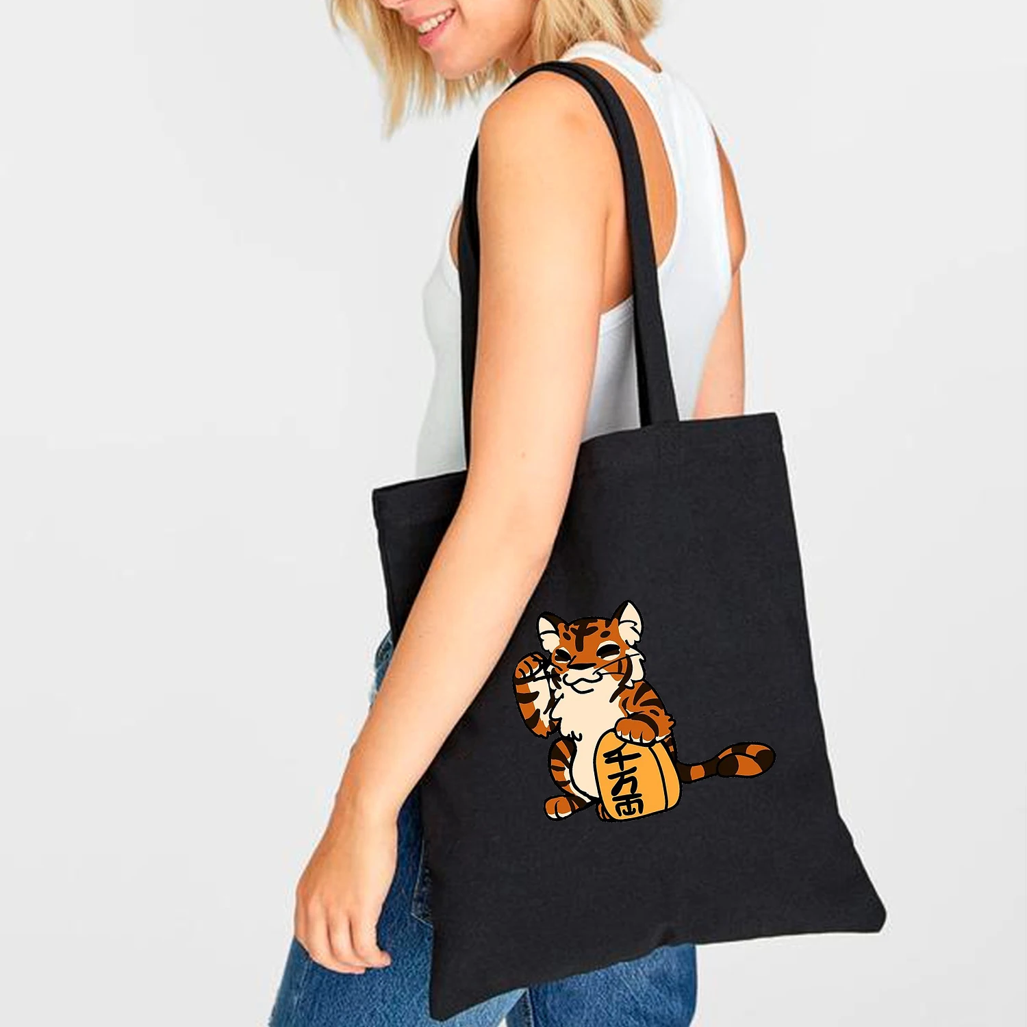 

Холщовая женская сумка для покупок с принтом тигра, милая эко-сумка на плечо из мультяшной ткани, модный многоразовый шоппер