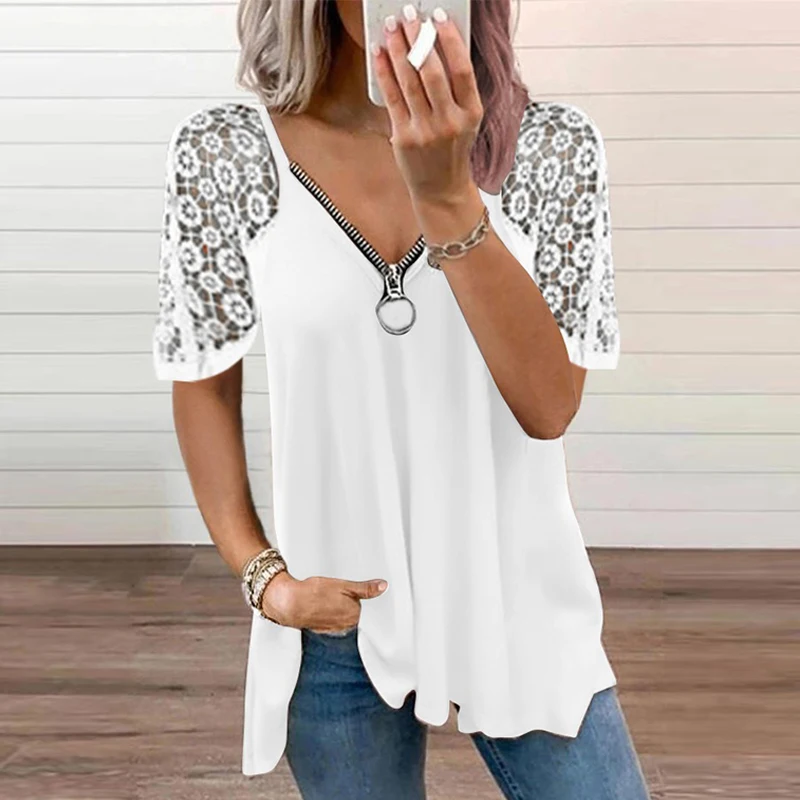 Lace Patchwork Short Sleeve Shirt Women Summer Sexy Zipper V Neck Casual Elegant Shirts Blusas Fashion Big Size Solid Loose Top
Lace Patchwork Short Sleeve Shirt Women Summer Sexy Zipper V Neck Casual Elegant Shirts Blusas Fashion Big Size Solid Loose Top