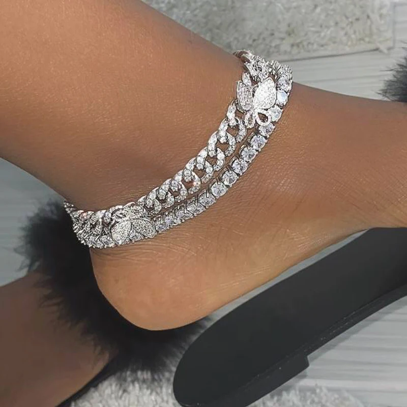 

2023 NEW Parking CZ geometry Anklet Jewelry 10MM Iced Out Bling CZ Miami Cuban Link Silver Color Anklet For Women Fashion GIFT