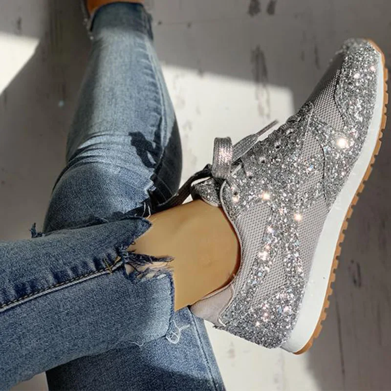 Women Flat Glitter Sneakers Casual Female Mesh Lace Up Bling Platform Comfortable Plus Size Vulcanized Crystal Shining Shoes New
Women Flat Glitter Sneakers Casual Female Mesh Lace Up Bling Platform Comfortable Plus Size Vulcanized Crystal Shining Shoes New