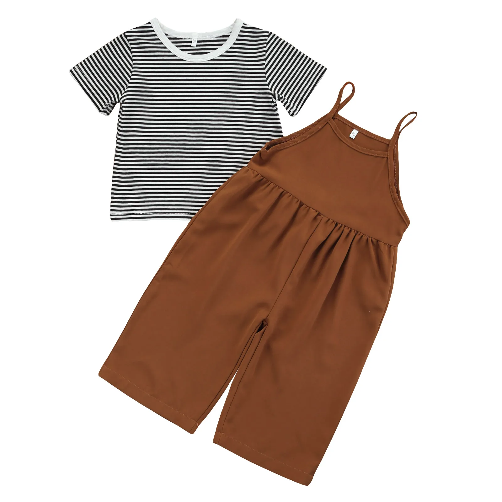 2 Pcs Toddler Summer Outfits, Girls Striped Round Neck Short Sleeve T-shirt + Sleeveless Solid Color Jumpsuit
2 Pcs Toddler Summer Outfits, Girls Striped Round Neck Short Sleeve T-shirt + Sleeveless Solid Color Jumpsuit