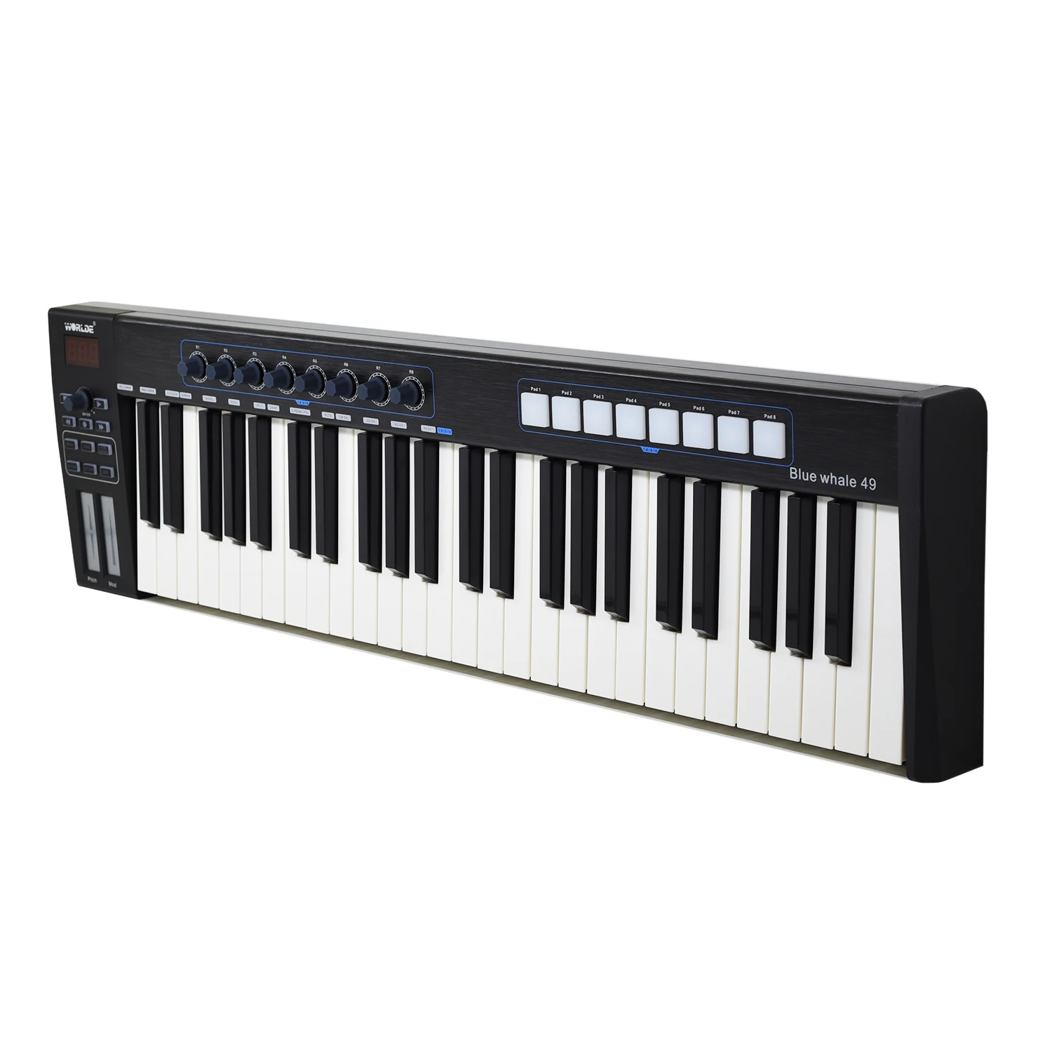 WORLDE синий кит 49 Портативная USB MIDI-контроллер клавиатура 49 полуутяжеленных клавиш 8 RGB подсветка триггерные подушки светодиодный дисплей
WORLDE синий кит 49 Портативная USB MIDI-контроллер клавиатура 49 полуутяжеленных клавиш 8 RGB подсветка триггерные подушки светодиодный дисплей