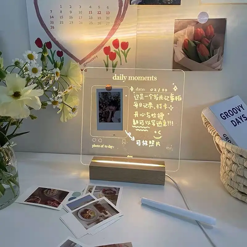 Creative Transparent Acrylic Note Board USB Luminous Moment Photo Memo Night Light with Wooden Stand Desktop Decoration
Creative Transparent Acrylic Note Board USB Luminous Moment Photo Memo Night Light with Wooden Stand Desktop Decoration