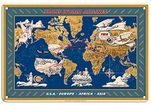 

World Air Routes - USA, Europe, Africa, Asia - TWA (Trans World Airlines) Airline by Lucien Boucher c.1949 Metal Tin Sign