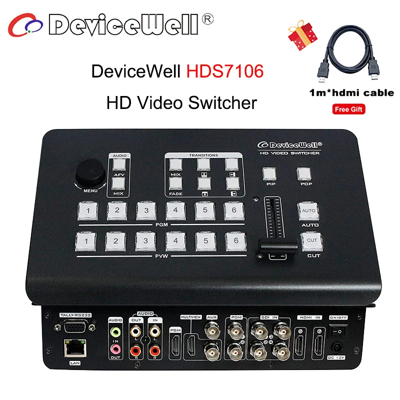 

Видеопереключатель DeviceWell HDS7106 HD, 6-канальный, 4 SDI, 2 входа HDMI, переключатель Multiview для новых медиа, прямой трансляции ТВ