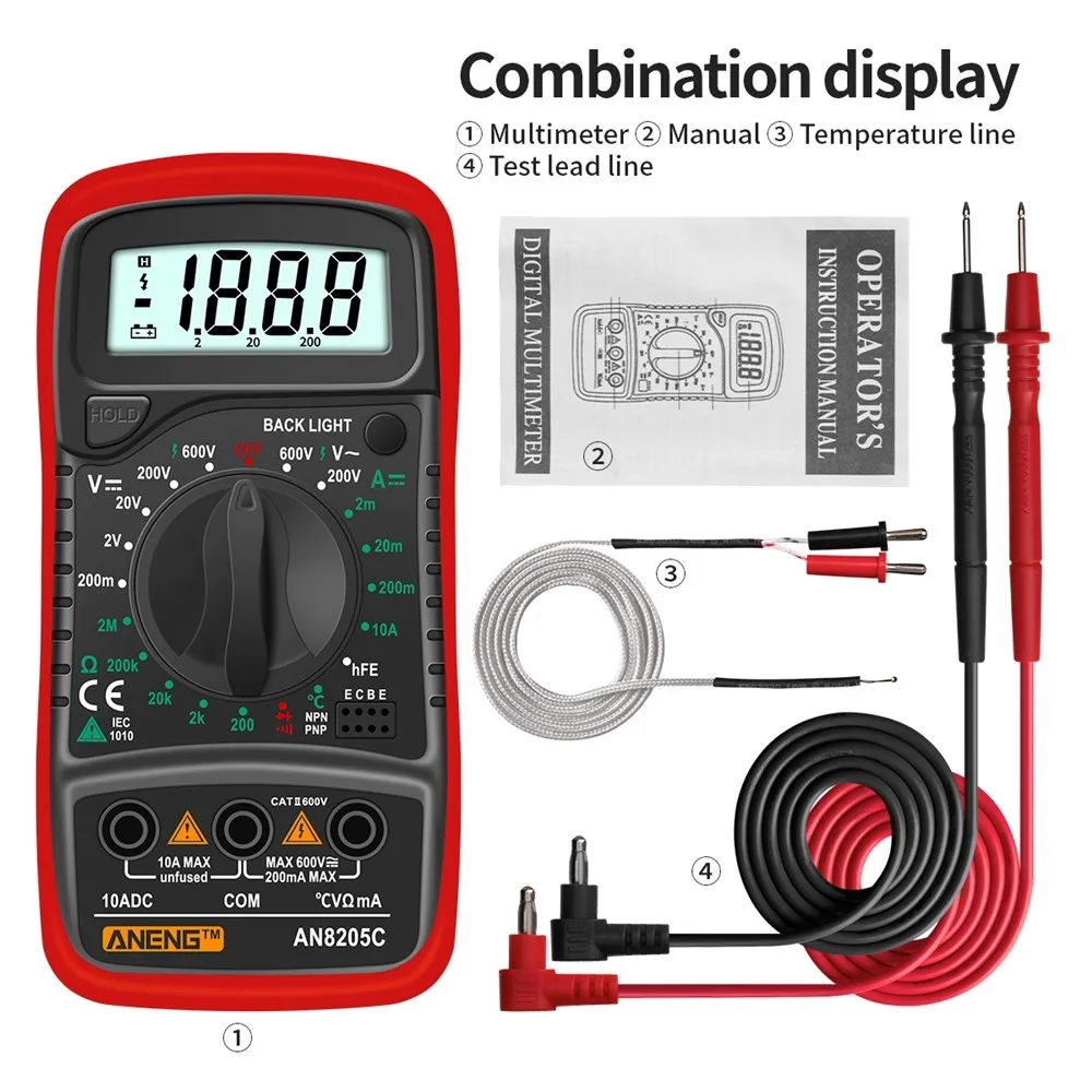ANENG AN8205C Digital Multimeter AC DC Ammeter Volt Ohm Tester Portable LCD Display Meter PNP NPN Triode HFE K Type Thermocouple
ANENG AN8205C Digital Multimeter AC DC Ammeter Volt Ohm Tester Portable LCD Display Meter PNP NPN Triode HFE K Type Thermocouple