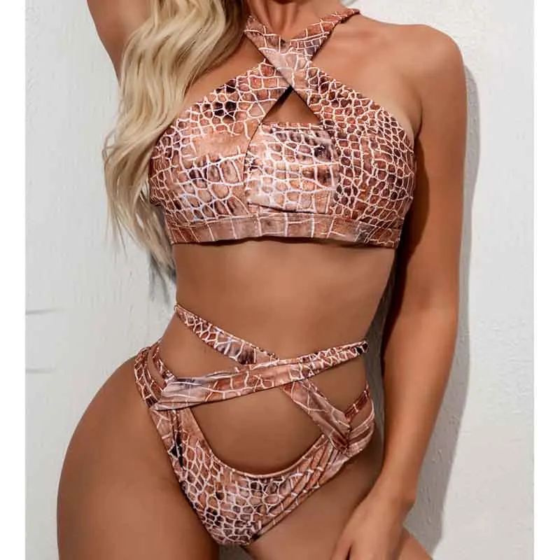 Glossy Snake Skin Printed Swimsuit Women 2 Pieces 2021 High Neck Brazilian Bikini Set Cross High Waist Swimwear Black Beachwear
Glossy Snake Skin Printed Swimsuit Women 2 Pieces 2021 High Neck Brazilian Bikini Set Cross High Waist Swimwear Black Beachwear