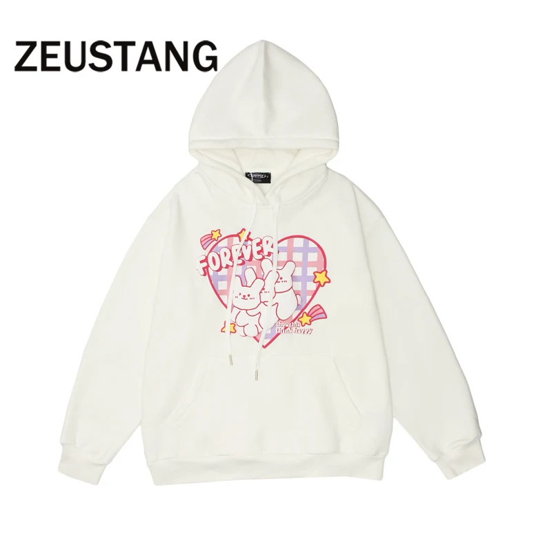 

Zeustang Fleece Sweatshirt Fashion Hoodie Streetwear Heart Print Hooded Daily Mens Harajuku Cotton Pullover Hip Hop Loose Top