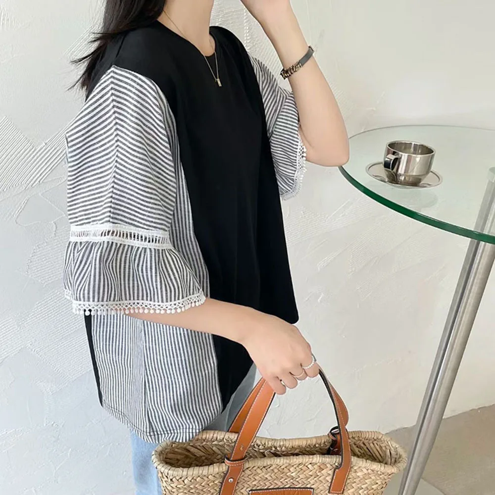 2021 Summer New Korean Fashion T-Shirt Splicing Color Contrast Stripe Round Neck Hollow Out Loose Casual Ruffle Summer
2021 Summer New Korean Fashion T-Shirt Splicing Color Contrast Stripe Round Neck Hollow Out Loose Casual Ruffle Summer