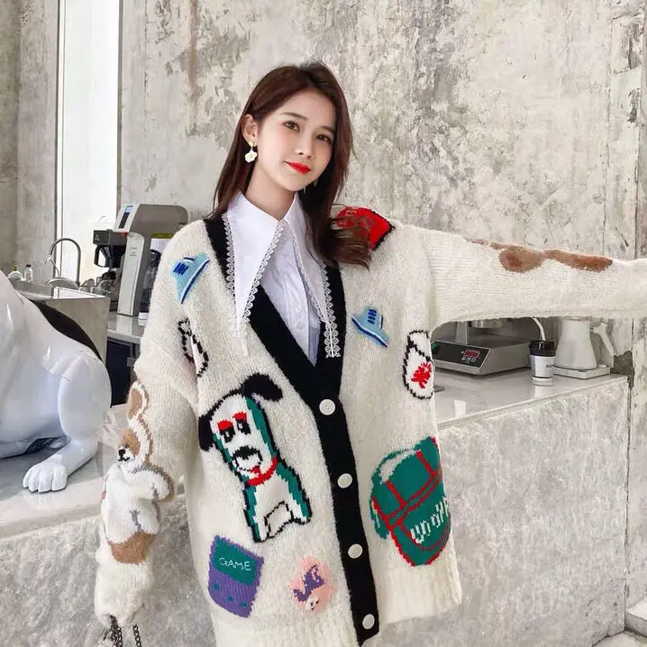 Oversize Loose Female Knitted Cardigans Large Size Embroidery Pattern Jacquard V-neck Long Sleeve Casual Sweater Mid-long Coat
Oversize Loose Female Knitted Cardigans Large Size Embroidery Pattern Jacquard V-neck Long Sleeve Casual Sweater Mid-long Coat