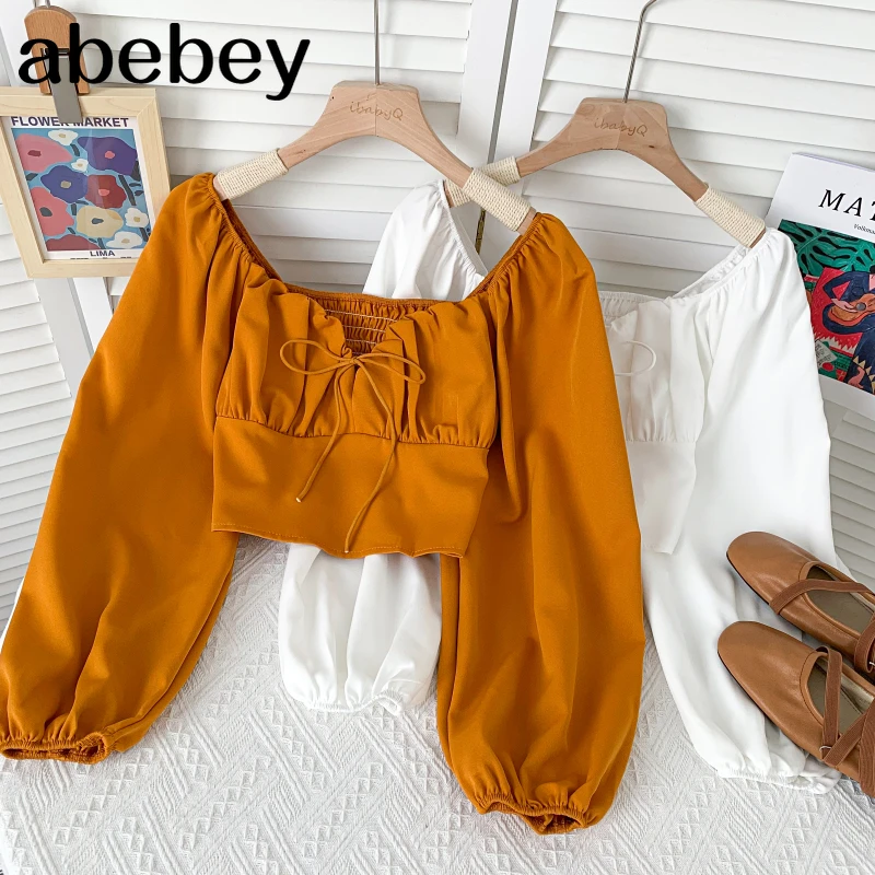 French square collar long sleeve Shirt bow bandage high waist pleated solid color short Shirt Top 2021 New Summer
French square collar long sleeve Shirt bow bandage high waist pleated solid color short Shirt Top 2021 New Summer