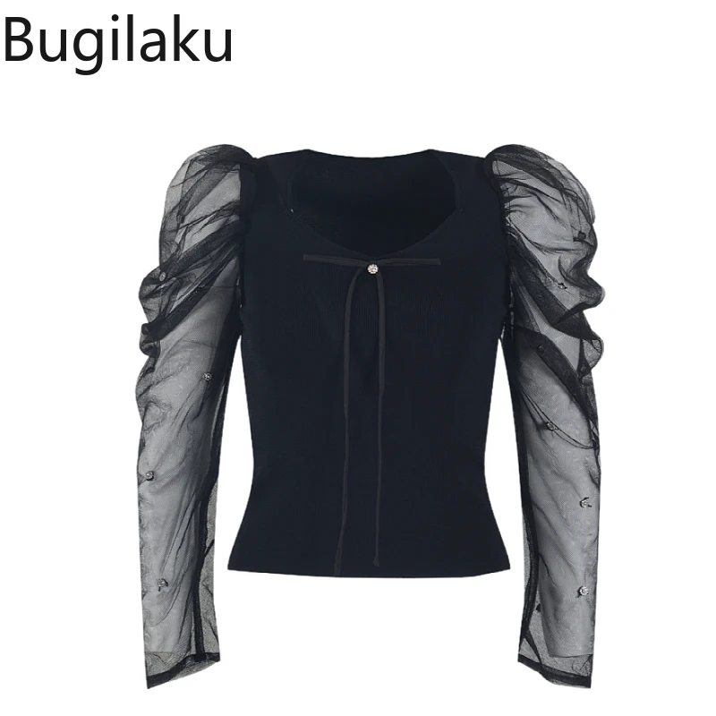 Bugilaku Puff Sleeve Knit Tshirt Women Autumn New Fashion Gauze Patchwork Black Slim Fit Square Collar T Shirts High Street Tops
Bugilaku Puff Sleeve Knit Tshirt Women Autumn New Fashion Gauze Patchwork Black Slim Fit Square Collar T Shirts High Street Tops