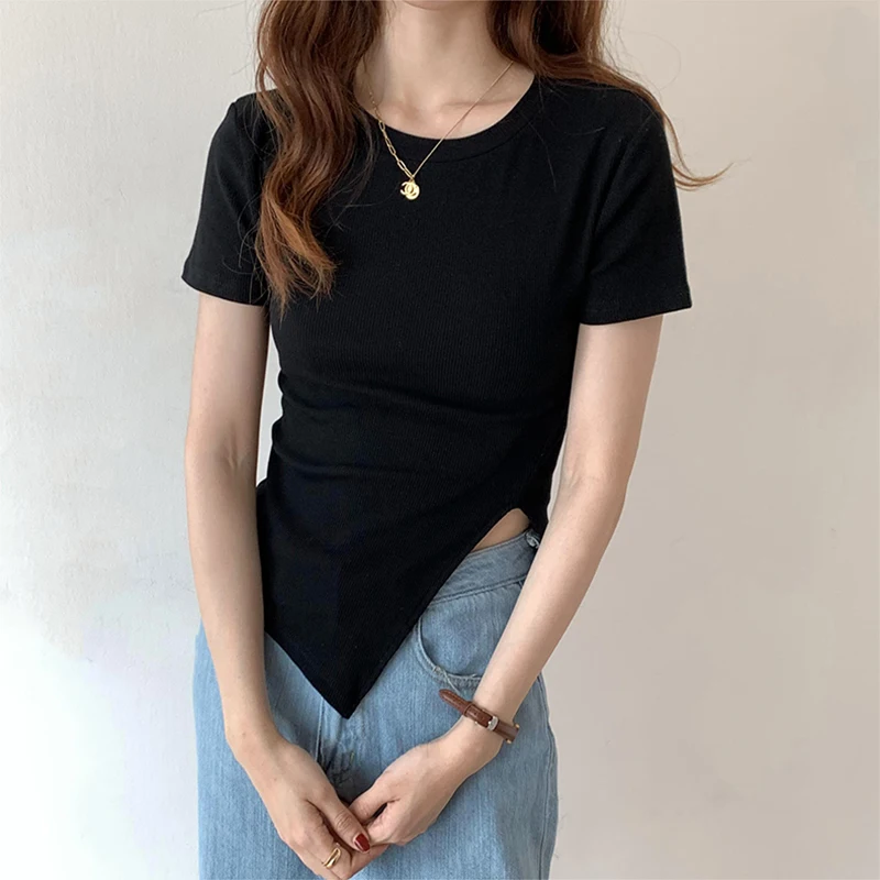 Summer New Women T Shirt Solid Basic Asymmetrical Slit Casual Tops Female O Neck Slim Thin Short Sleeve Short Tee T-Shirt Femme
Summer New Women T Shirt Solid Basic Asymmetrical Slit Casual Tops Female O Neck Slim Thin Short Sleeve Short Tee T-Shirt Femme