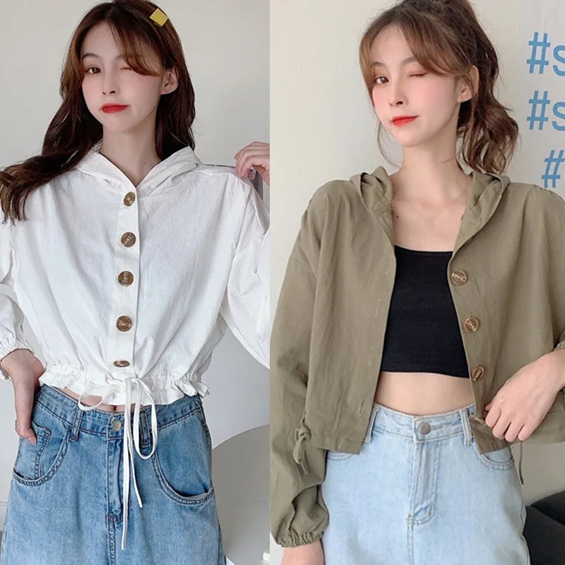 Korean Style Women's Button Hooded Jackets Autumn Drawstring Long Sleeve Short Cardigan Fashion Loose Casual Tops
Korean Style Women's Button Hooded Jackets Autumn Drawstring Long Sleeve Short Cardigan Fashion Loose Casual Tops
