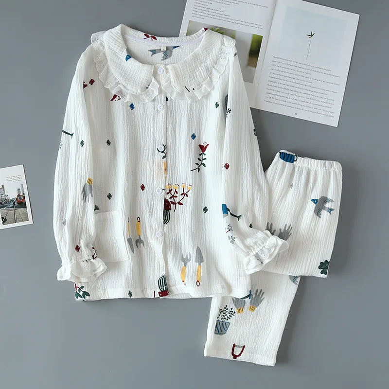 Japanese New Ladies Spring and Summer Cotton Crepe Pajamas Two-piece Long-sleeved Trousers Cute Plant Printing Home Service Set
Japanese New Ladies Spring and Summer Cotton Crepe Pajamas Two-piece Long-sleeved Trousers Cute Plant Printing Home Service Set