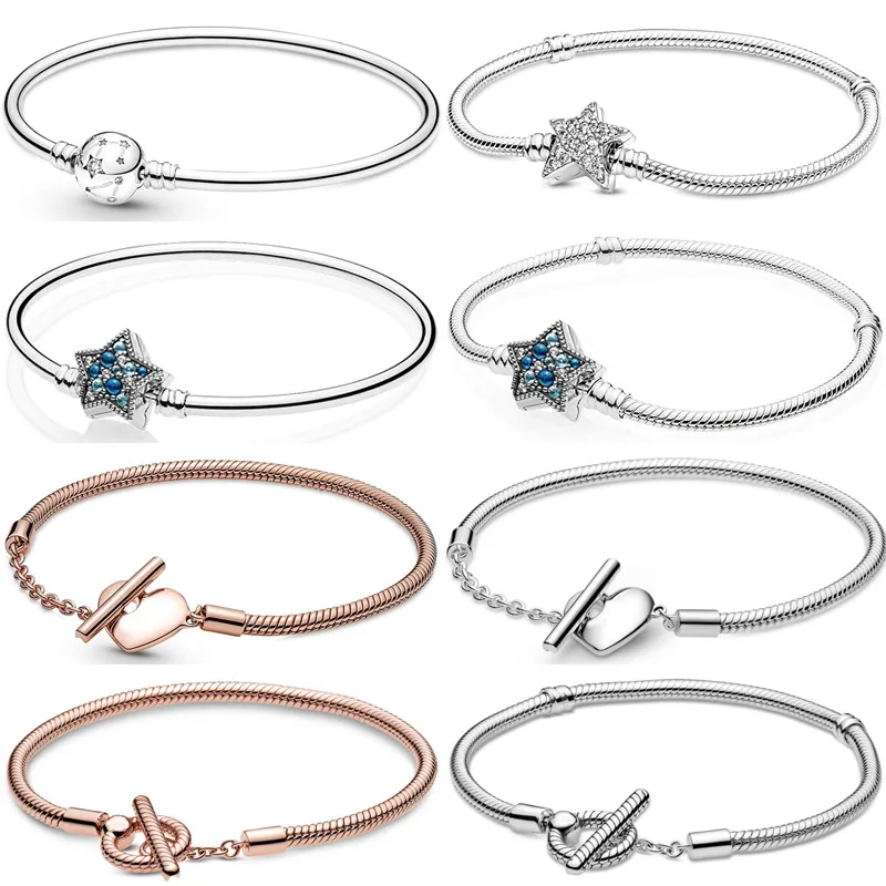 

New 925 Sterling Silver Asymmetric Stars & Galaxy Heart T-bar Snake Chain Bracelet For Popular Bangle Bead Charm Diy Jewelry