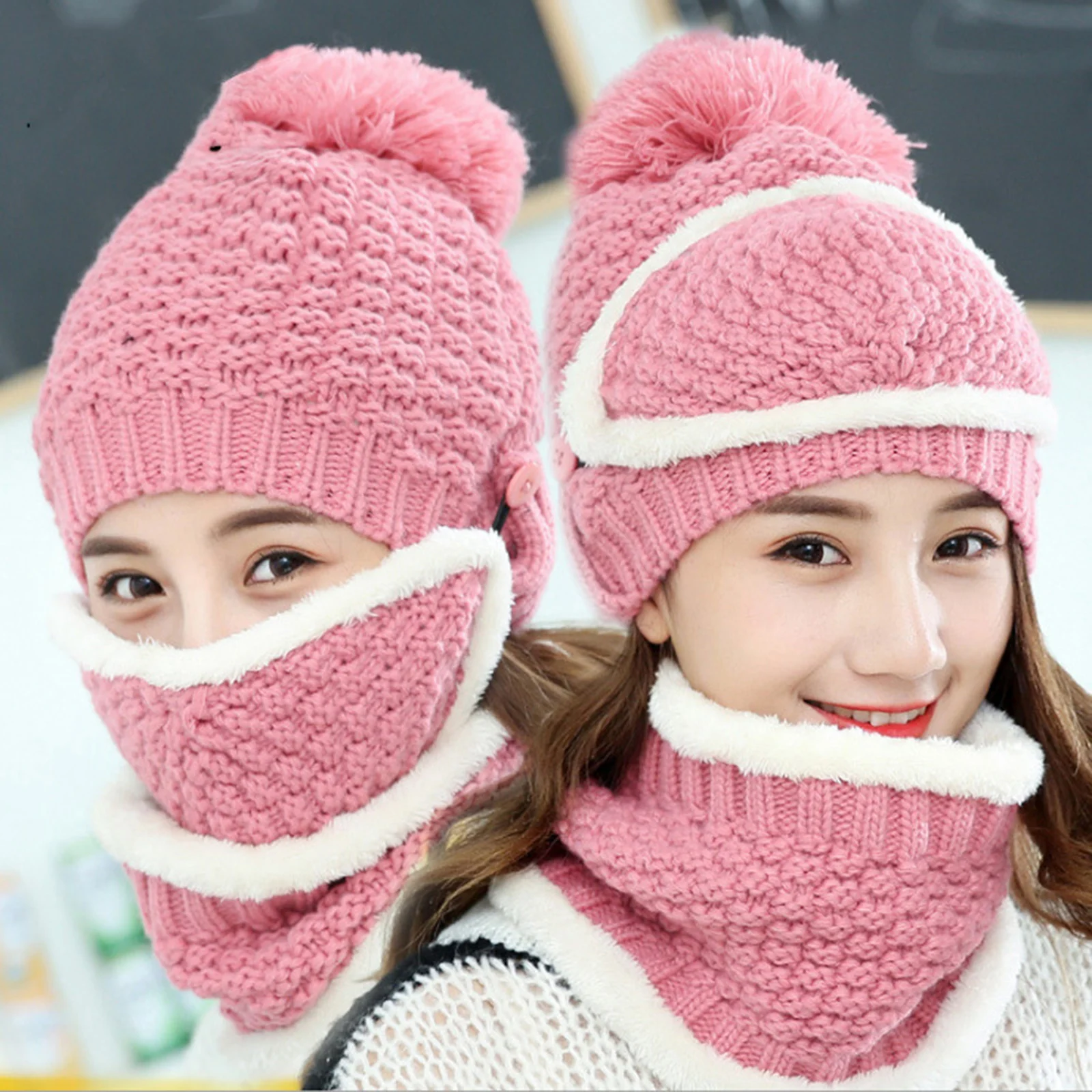 3-piece set of women's winter fashion woolen hats for outdoor riding all-match knitted warm masks, collars and velvet caps
3-piece set of women's winter fashion woolen hats for outdoor riding all-match knitted warm masks, collars and velvet caps