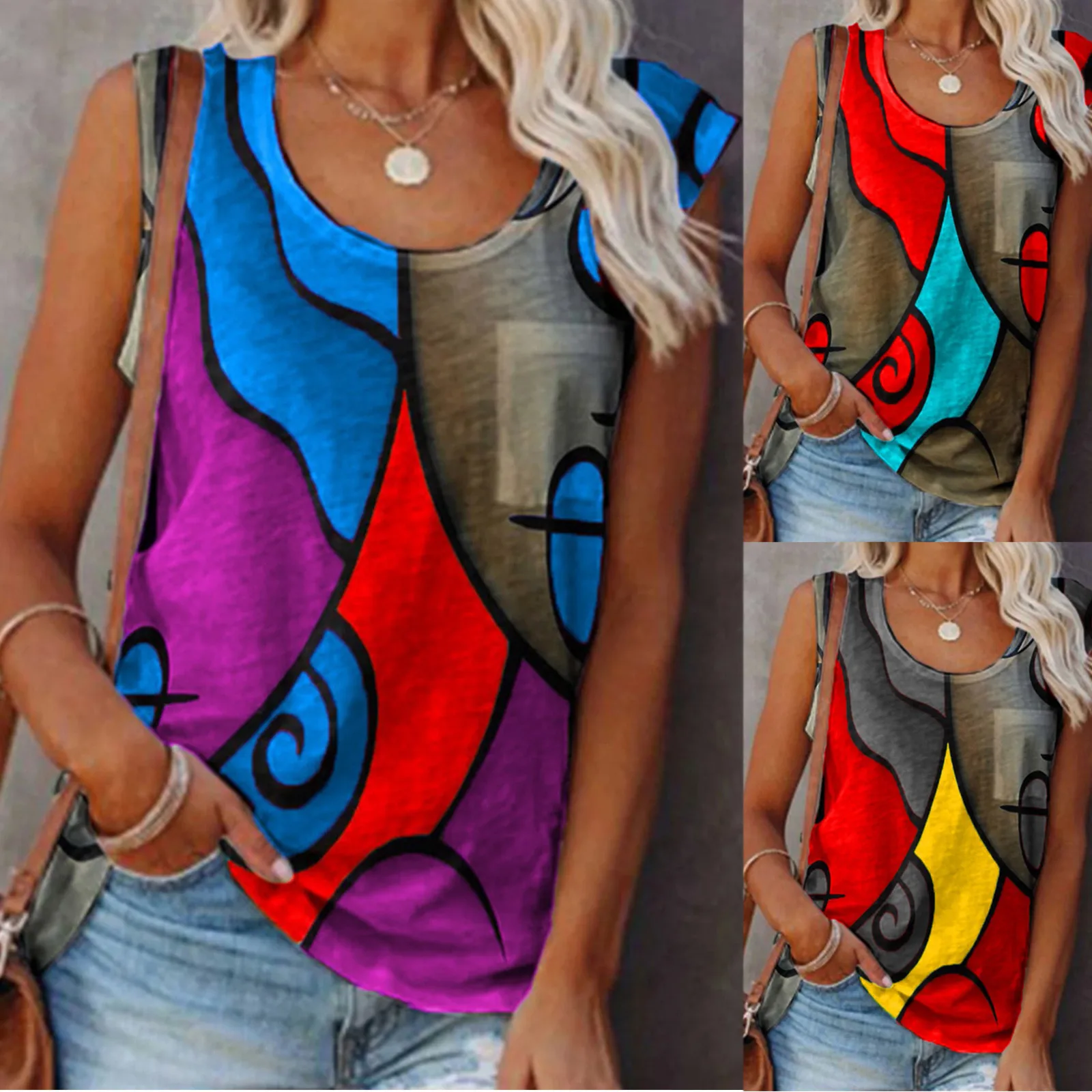 74# 2021 Summer Women Contrast Color Top Print Casual Streetwear Round Neck Wide Loose Vest Fashion Sleeveless Pullover T-shirt
74# 2021 Summer Women Contrast Color Top Print Casual Streetwear Round Neck Wide Loose Vest Fashion Sleeveless Pullover T-shirt