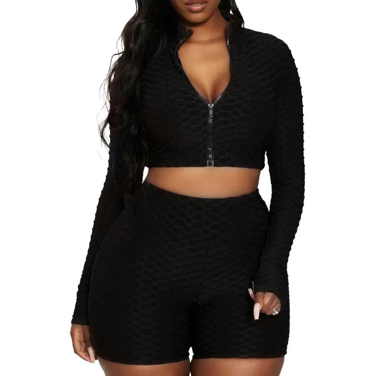 Stretch Solid Yoga Set Front Zipper Long Sleeve Crop Top+Elastic High Waist Skinny Short Legging Casual Women Tracksuits 
Stretch Solid Yoga Set Front Zipper Long Sleeve Crop Top+Elastic High Waist Skinny Short Legging Casual Women Tracksuits