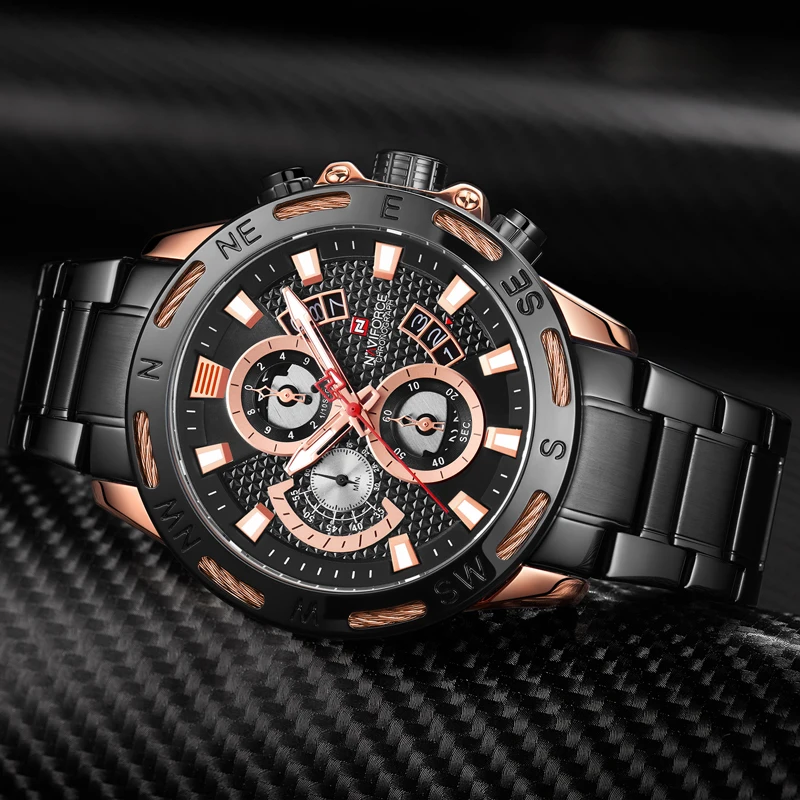 NAVIFORCE мужские часы Топ бренд класса люкс черный стальной ремешок кварцевые