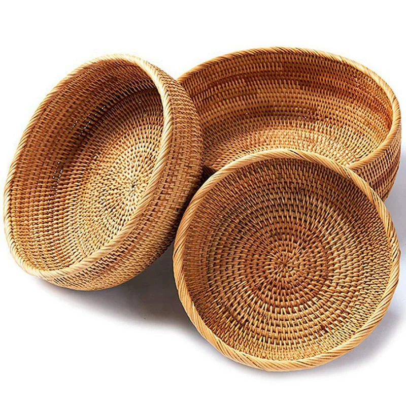 4 Pcs Hadewoven Round Rattan Fruit Basket,19X6.5Cm,22X8.5Cm,25X10Cm,32X29,9Cm