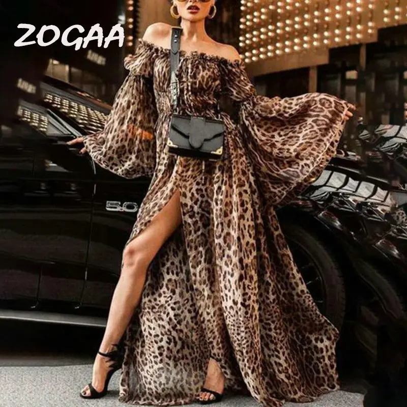 

ZOGAA Women Leopard Print Summer Dress 2021 Sexy Slash Neck Split Maxi Long Evening Party Dresses Casual Vestidos Plus Size XXXL