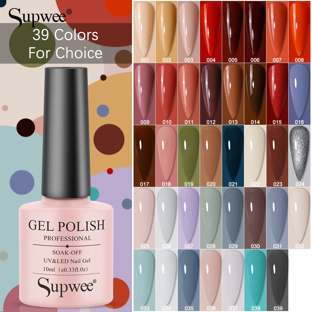 SUPWEE 39 Colors Gel Nail Polish Semi Permanent 10ml Pure Color Hybrid Varnish Manicure Art Soak Off UV LED Lamp Base Top Coat
SUPWEE 39 Colors Gel Nail Polish Semi Permanent 10ml Pure Color Hybrid Varnish Manicure Art Soak Off UV LED Lamp Base Top Coat