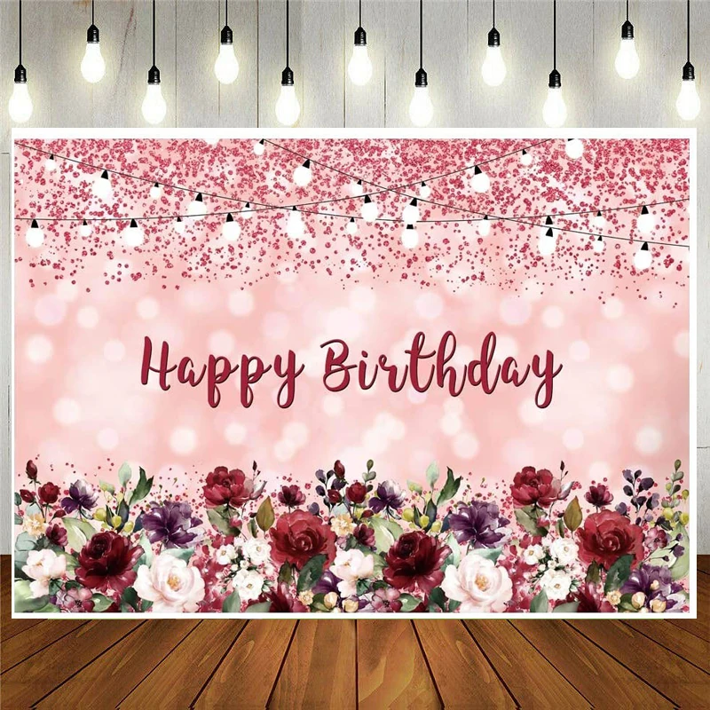 

Happy Birthday Party Photography Backdrop For Girls Women Lady Pink Burgundy Bokeh Floral Flowers Sweet Background Banner