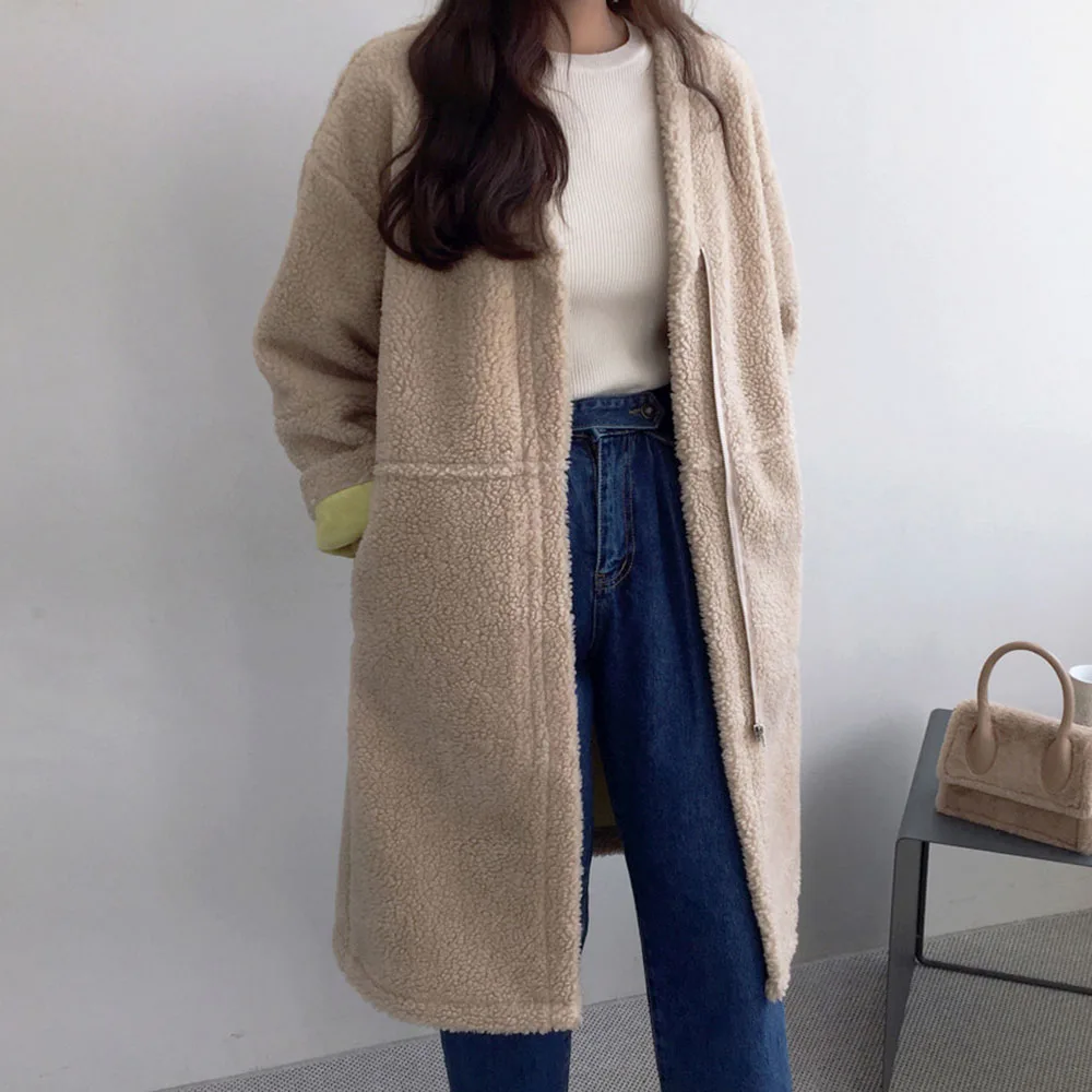 Женское однотонное пальто из овечьей шерсти, на молнии, с длинным рукавом, Осень-зима 2021 
Женское однотонное пальто из овечьей шерсти, на молнии, с длинным рукавом, Осень-зима 2021