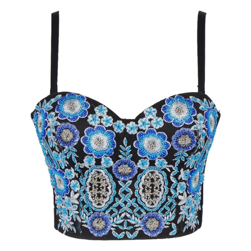Women Sexy Spaghetti Strap Bustier Bra Embroidery Blue Floral Rhinestone Beading Camis Vest Club Party Corset Crop Top
Women Sexy Spaghetti Strap Bustier Bra Embroidery Blue Floral Rhinestone Beading Camis Vest Club Party Corset Crop Top