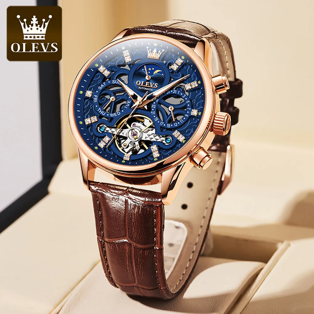 

OLEVS Men Watch Top Brand Mens Mechanical Watches Automatic Tourbillon Skeleton Watch Men Calendar Leather Relogio Masculino