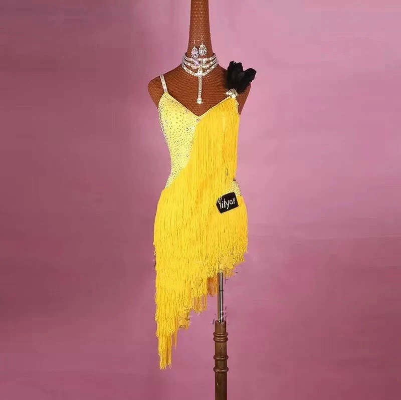 New Latin Dance Dress Women Competition Costumes Custom Practice Skirts Shining Crystal Yellow Thick Fringed Dresses | Тематическая