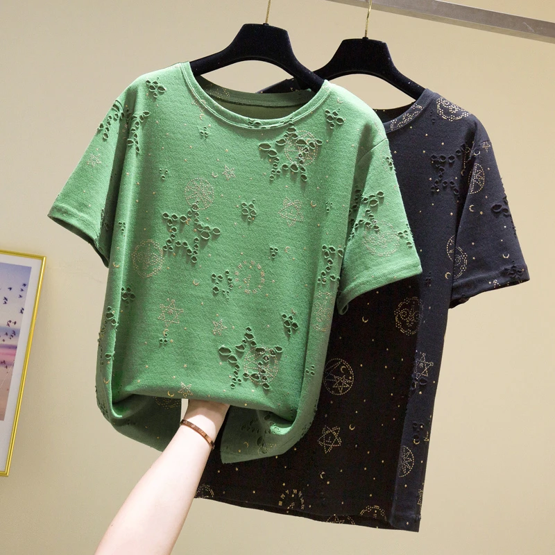Plus Size Hole Cotton Top T-Shirts Women 2021 Summer Trendy Loose Short Sleeve Korean Oversized Golden Pattern Tee Shirts
Plus Size Hole Cotton Top T-Shirts Women 2021 Summer Trendy Loose Short Sleeve Korean Oversized Golden Pattern Tee Shirts