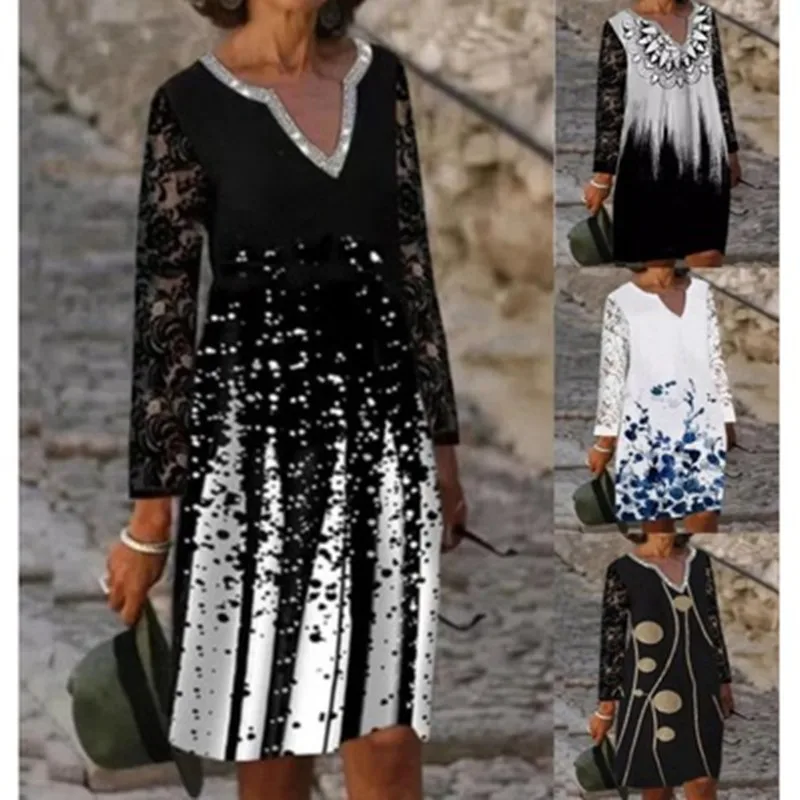 Sexy Lace Splice Party Dress Women Autumn Winter Long Sleece V-Neck A-Line Dress Fashion Gradient Print Dress Vestidos De Mujer
Sexy Lace Splice Party Dress Women Autumn Winter Long Sleece V-Neck A-Line Dress Fashion Gradient Print Dress Vestidos De Mujer