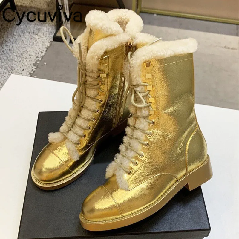 Gold Winter Wool Women Snow Ankle Boots Real Leather Fur Shoes Lace Up Platform Martin Boots Runway Warm Brand Boots Women
Gold Winter Wool Women Snow Ankle Boots Real Leather Fur Shoes Lace Up Platform Martin Boots Runway Warm Brand Boots Women