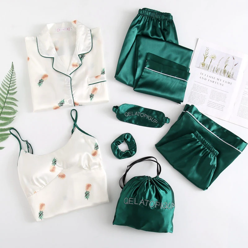 Summer 7Pc Pajamas Suit Pineapple Pattern with Chest Pad Silk Satin Sweet Fresh Home Service Long-Sleeved Trousers Bathrobe
Summer 7Pc Pajamas Suit Pineapple Pattern with Chest Pad Silk Satin Sweet Fresh Home Service Long-Sleeved Trousers Bathrobe