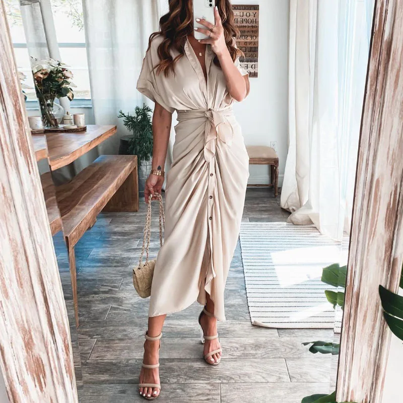 2021 Summer Elegant Draped Shirt Long Dress Fashion Deep V Neck Button Split Party Dress Women Short Sleeve Lace-Up Slim Dresses
2021 Summer Elegant Draped Shirt Long Dress Fashion Deep V Neck Button Split Party Dress Women Short Sleeve Lace-Up Slim Dresses